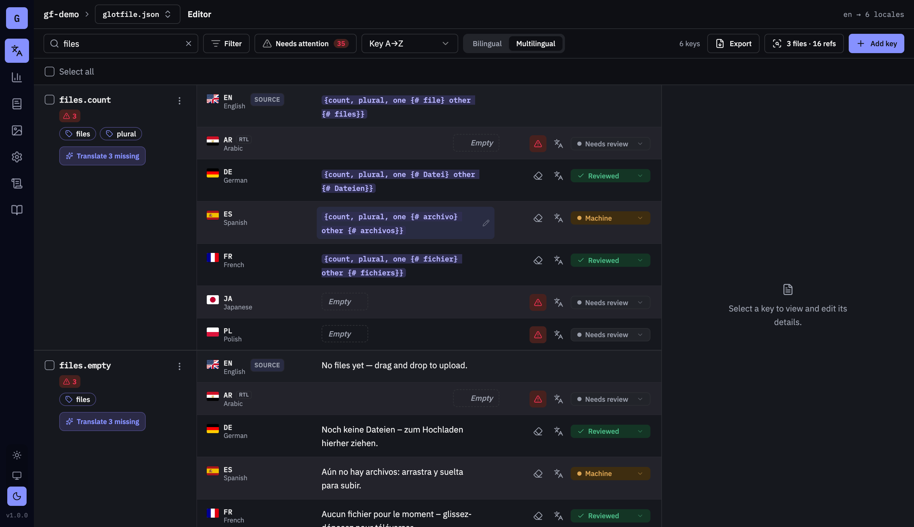 The glotfile editor: one key shown across English (source), Arabic (right-to-left), German, Spanish, French, Japanese and Polish, each row tagged with its review state — reviewed, machine, or needs review.